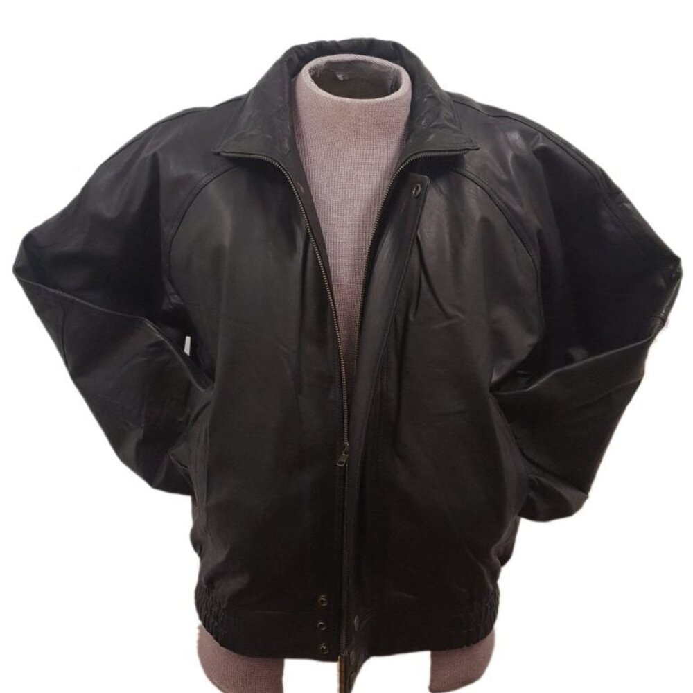 Men’s Black 4 Button Leather Flight Multi-Season Bomber Jacket With hidden ziper